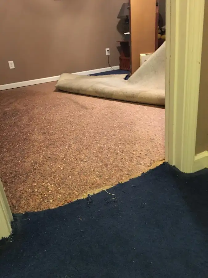 Carpet pad removal revealing water damage during Drying & Dehumidification in Farmingdale
